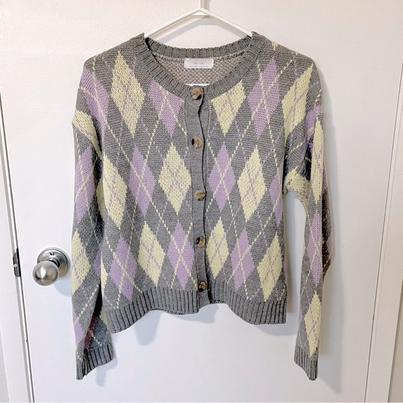 Oak + Fort Argyle Knit Cardigan Grey / Purple / Yellow size Small - Picture 2 of 13